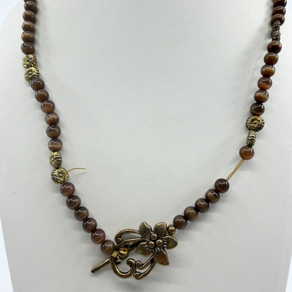 Brown Beaded Statement Necklace with Floral Toggle Clasp Boho Chic Accessory